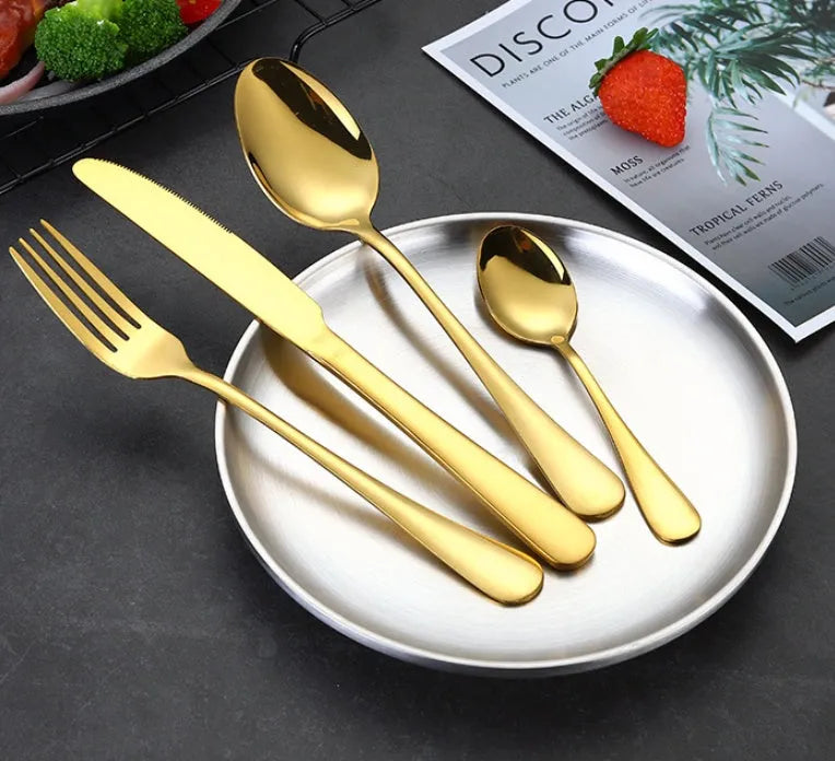 24-piece stainless steel cutlery set for six place settings showing knife, fork, and spoon options in different colour finishes.