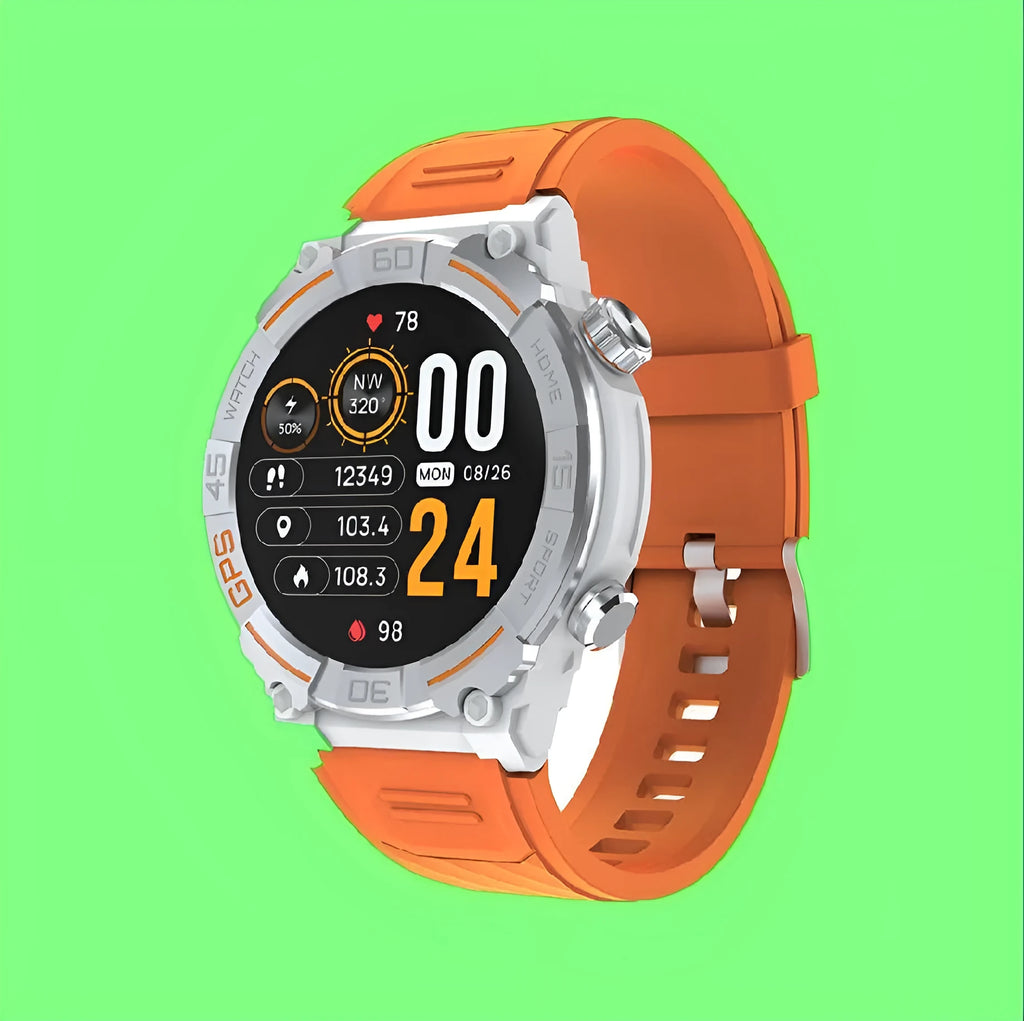 MG02 smart watch in black, khaki, or silver orange on wrist showing TFT touch screen display.