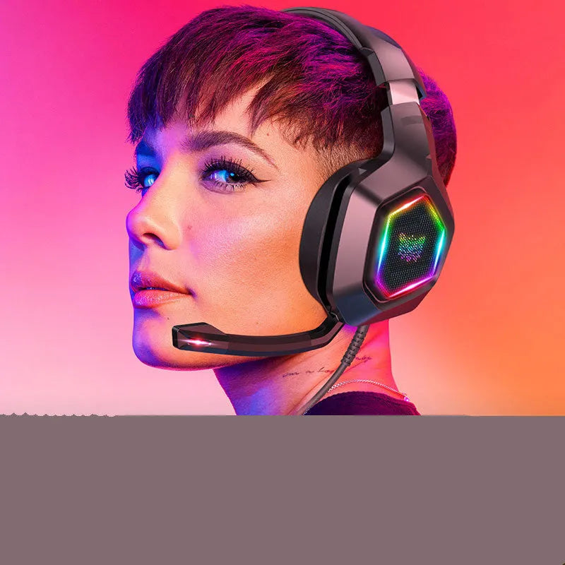 Black wired gaming headset with imitation protein leather earmuffs and 3.5mm plug on headset stand