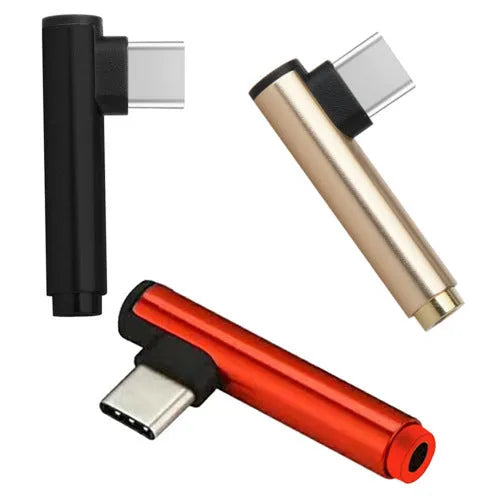 Aluminium Type-C to 3.5mm audio adapter showing elbow design in multiple colour options
