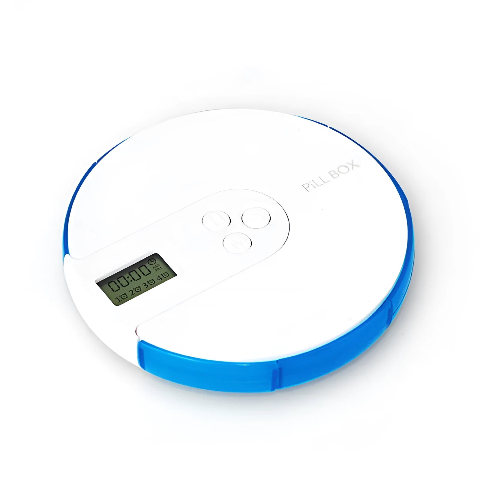 Seven-compartment alarm clock pill dispenser in blue, showing timer display and storage lids.
