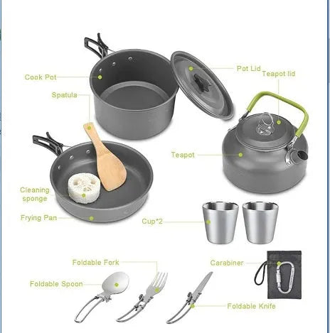 Green camping teapot set with kettle, frying pan, boiling pot, burner, and cutlery for 2-3 people