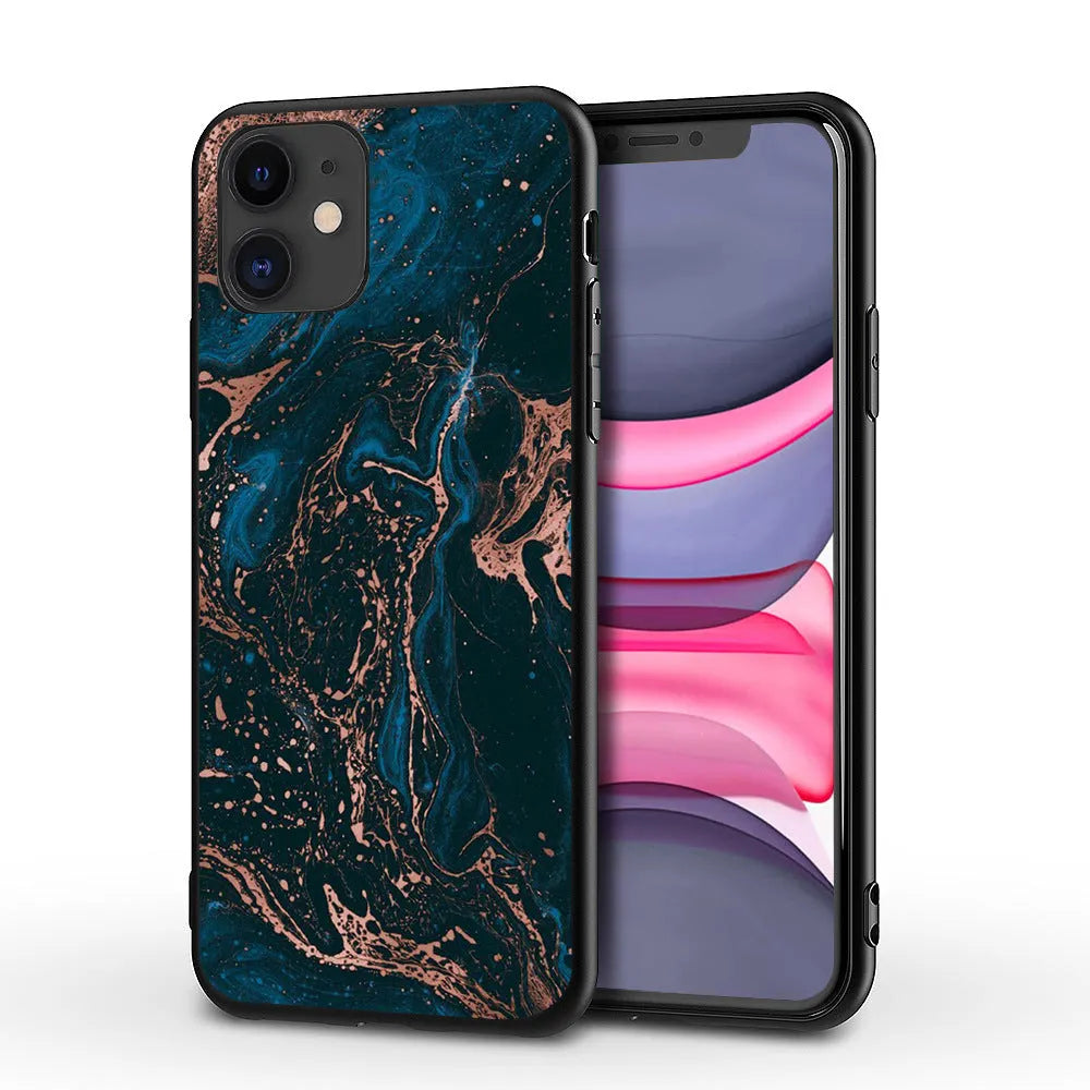 Marble pattern back cover iPhone case showing TPU and PC construction.