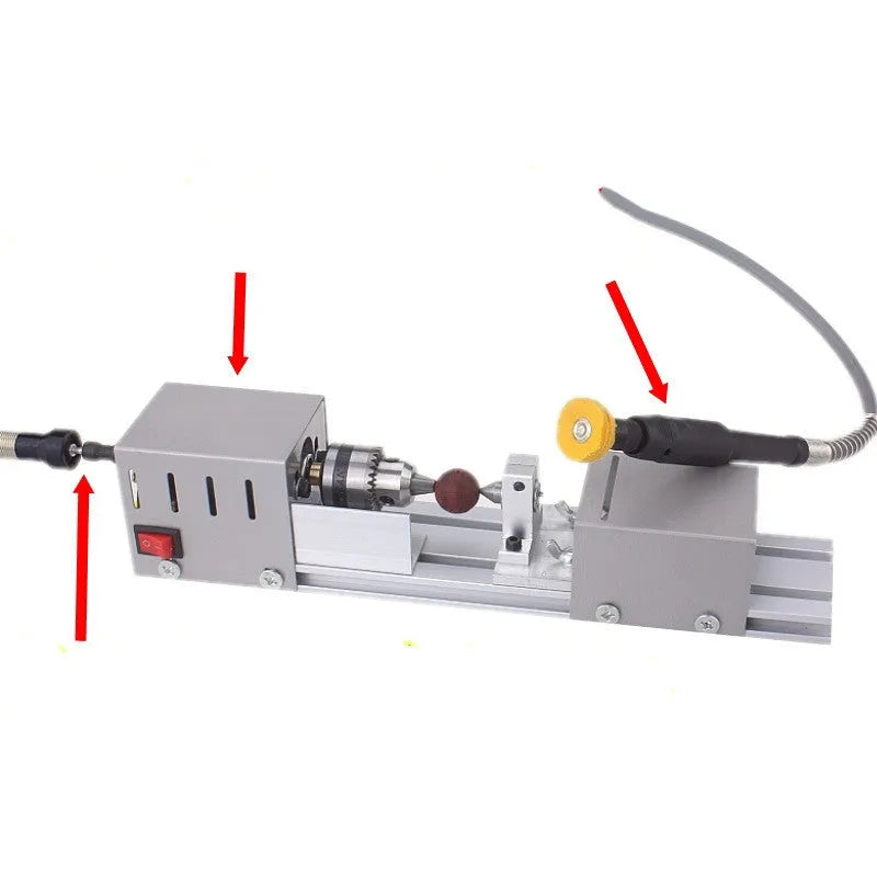 Mini woodworking lathe manual benchtop silver metal construction 320x70x70mm with carving knives