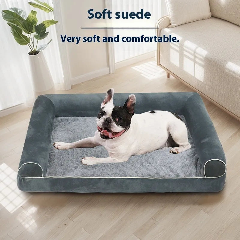 Square sponge dog bed in blue colour showing raised breathable design and cloth cover.