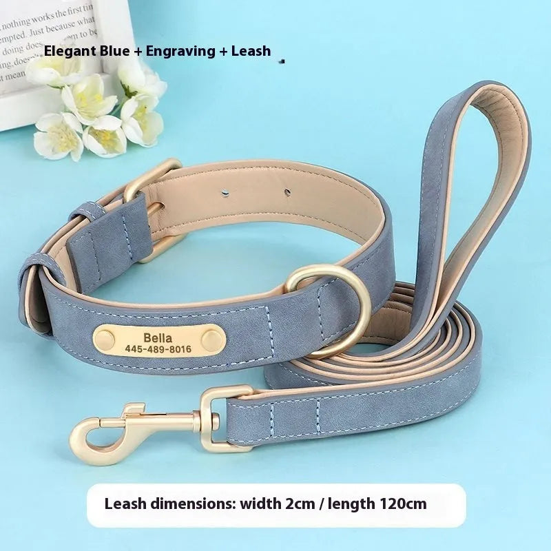 Double-layer leather dog collar with mohair lining and a matching traction rope in rose red.