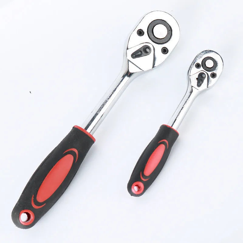 61-piece chrome vanadium steel socket and wrench set with ratchets, metric sockets, and combination wrenches laid out.