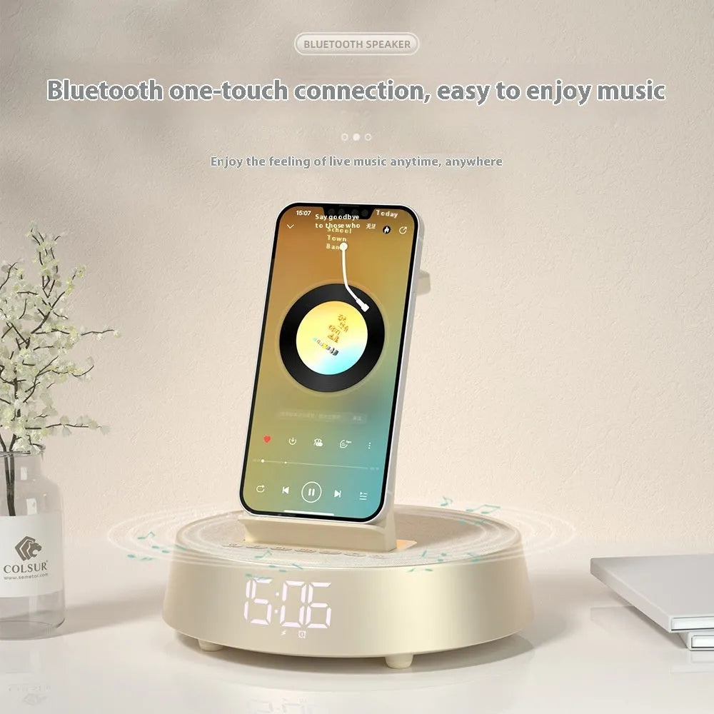 Wireless Bluetooth speaker clock alarm clock with wireless charger in beige, black, or light gray for home use