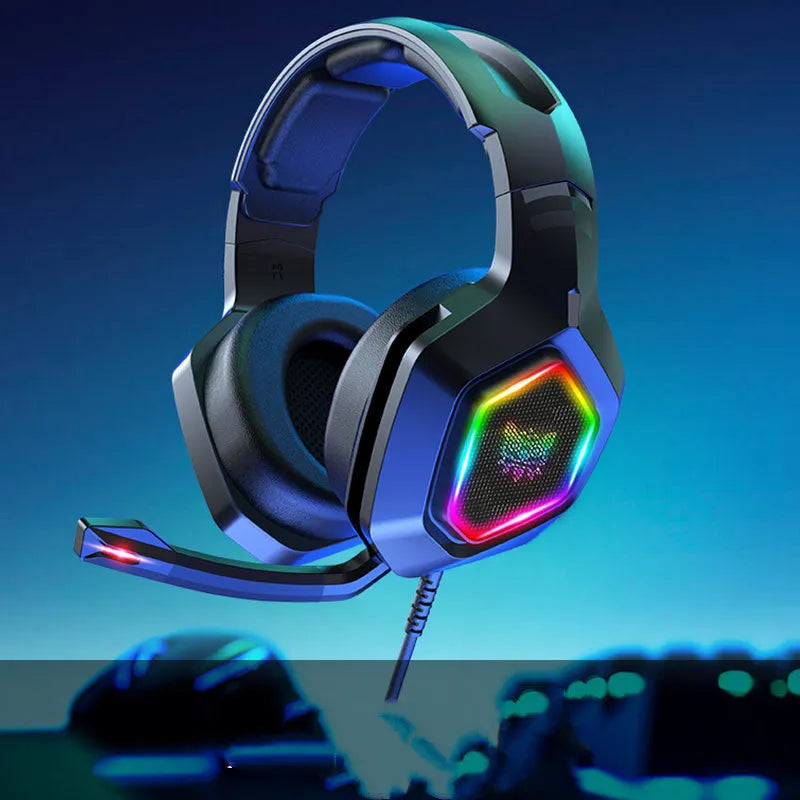 Black wired gaming headset with imitation protein leather earmuffs and 3.5mm plug on headset stand