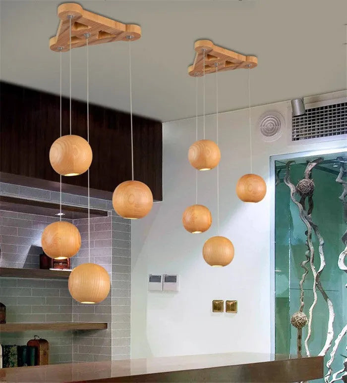 Nordic wood solid wood ball chandelier with adjustable drop and wood disc base