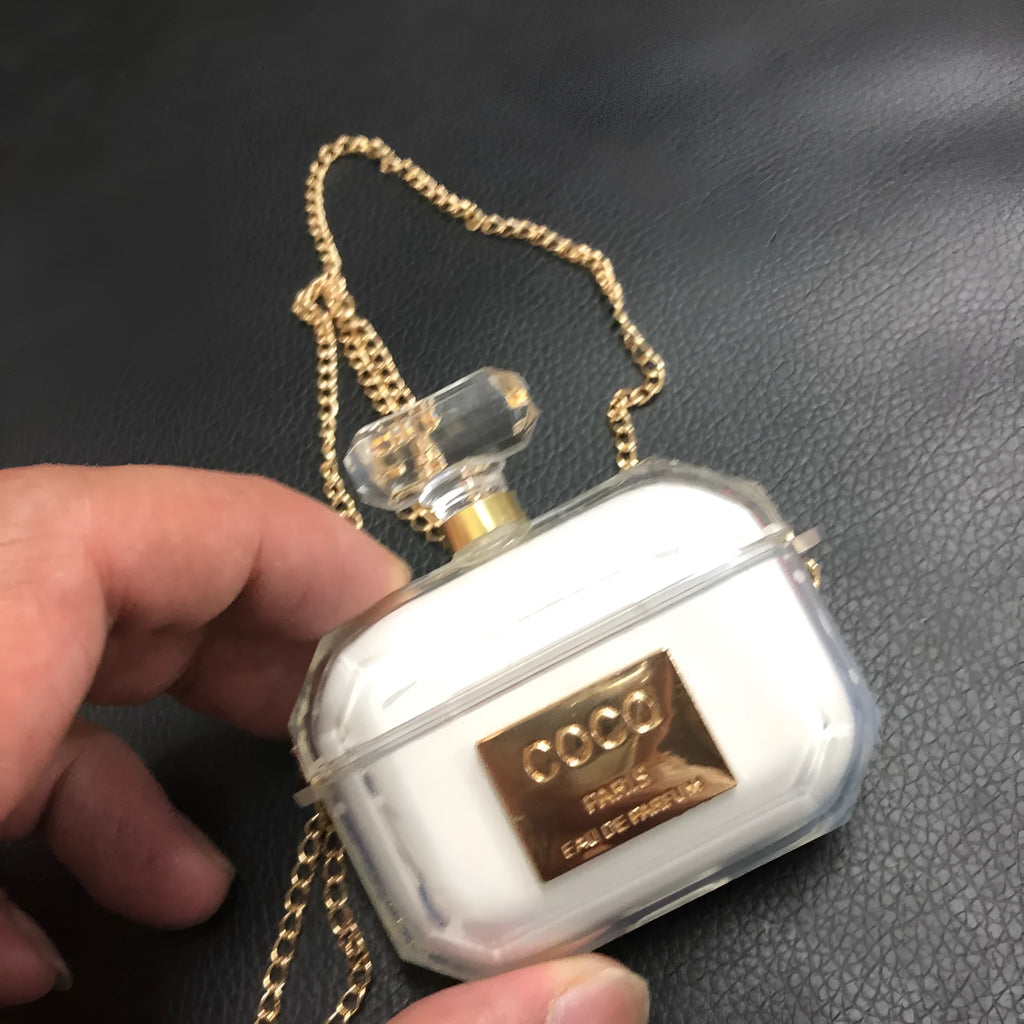 White perfume bottle style silicone protective case for Apple AirPods Pro, AirPods 3 and AirPods 2 wireless charging box.