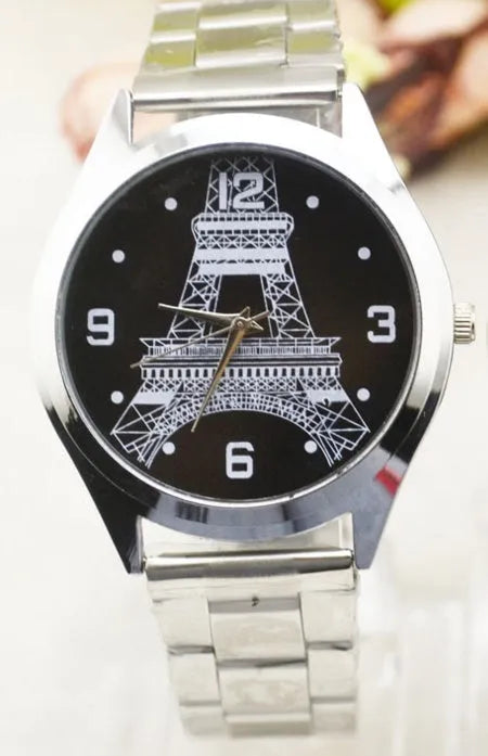 Eiffel Tower Wrist Watch with Paris landmark dial, metal case, and leather strap