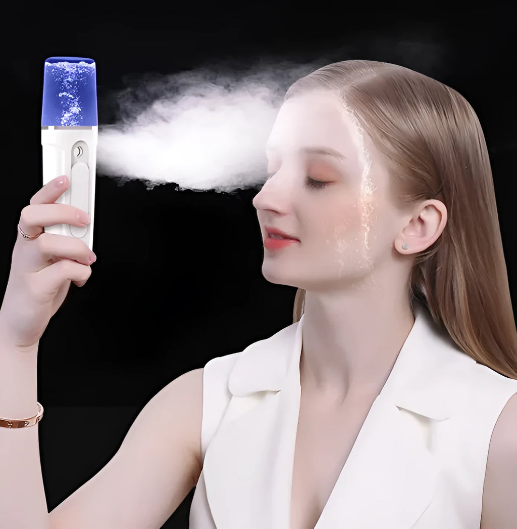 Pink handy nano mist sprayer with 26ml water tank and 2200mAh power bank on white background