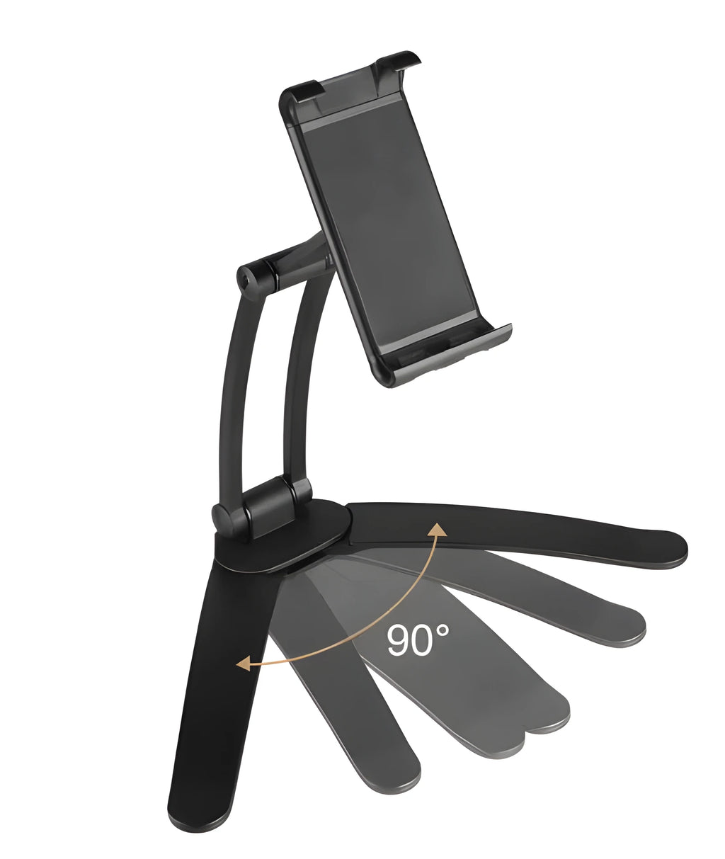 Silver aluminium alloy desktop tablet stand with adjustable holder and white mounting base on a wooden table.