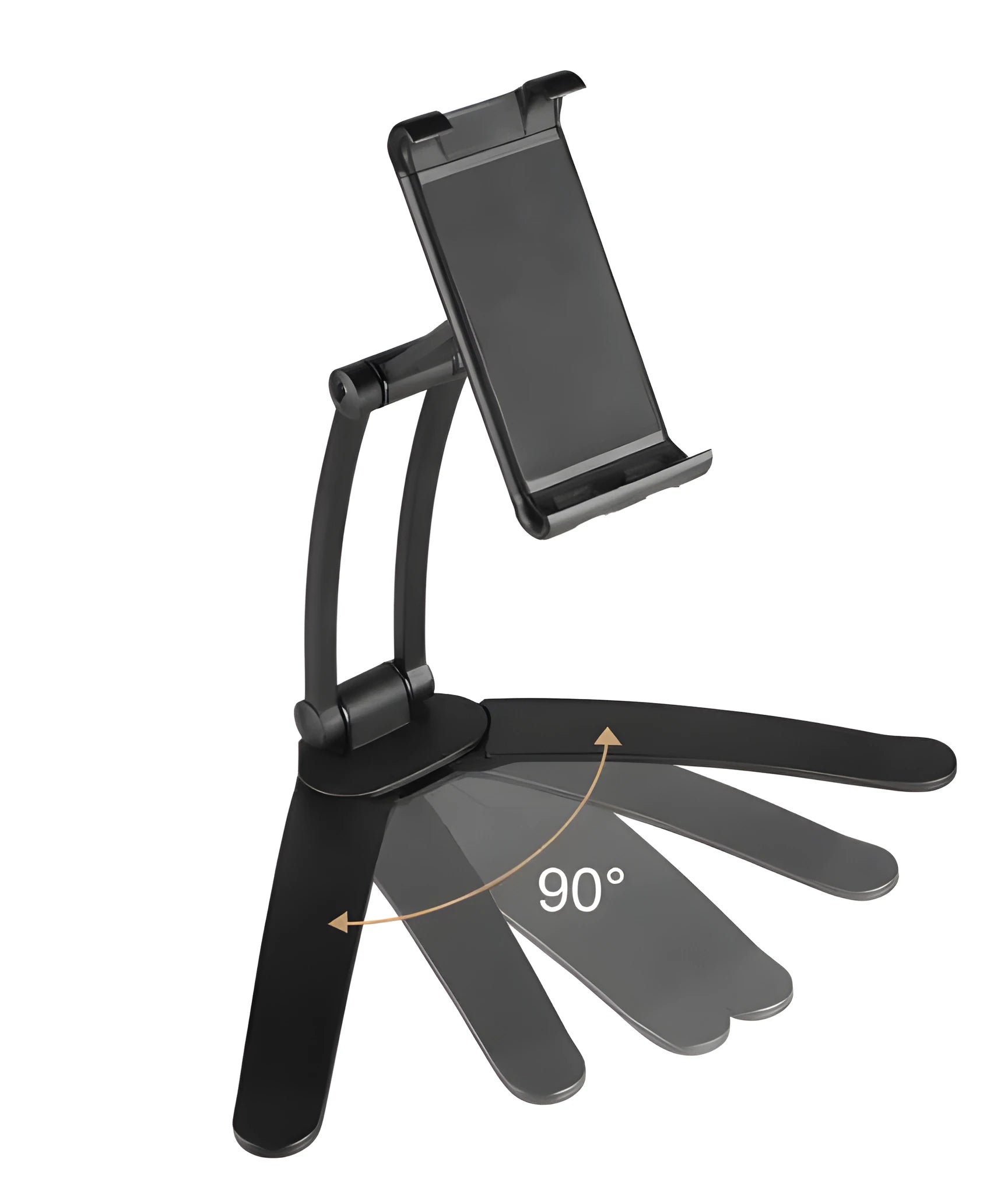 Silver aluminium alloy desktop tablet stand with adjustable holder and white mounting base on a wooden table.