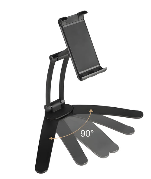 Silver aluminium alloy desktop tablet stand with adjustable holder and white mounting base on a wooden table.