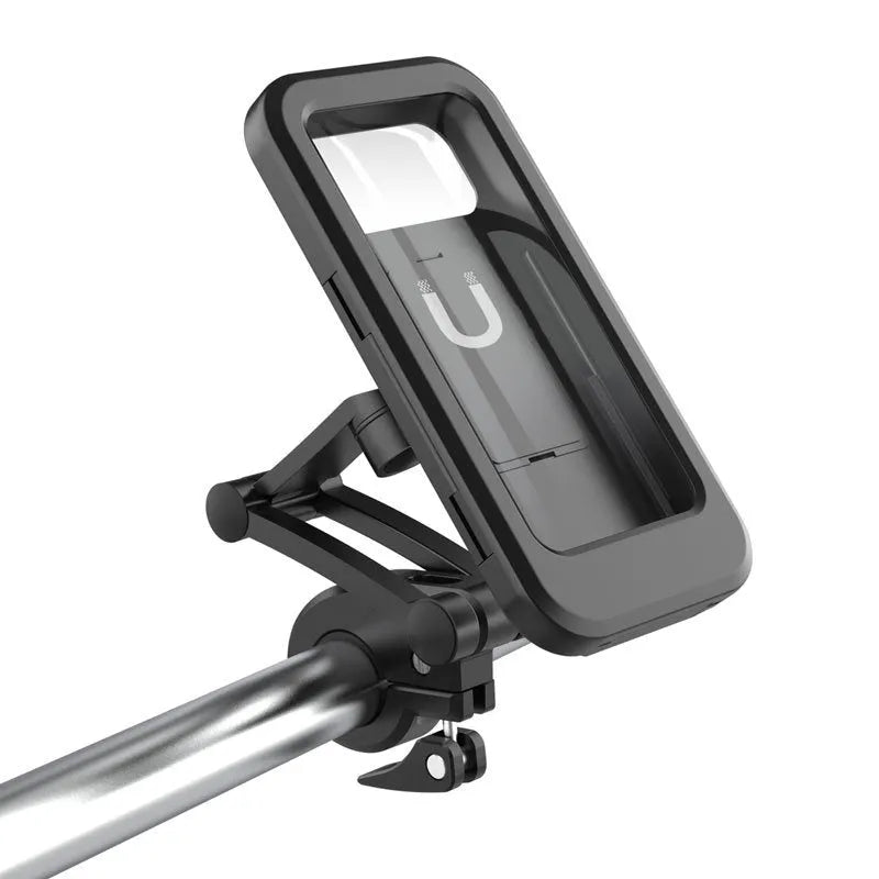 Black waterproof bicycle phone mount with magnetic suction on handlebar holding mobile device
