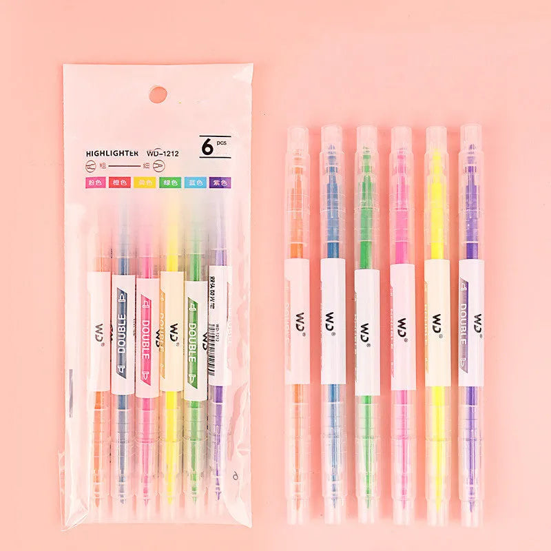 Six double-headed highlighter pens showing round and oblique nibs in orange, purple, yellow, green, blue, and pink colours