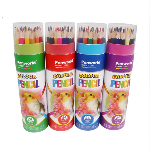24-color wooden coloured pencil set in cardboard tube, assorted colours, 27.5 cm length