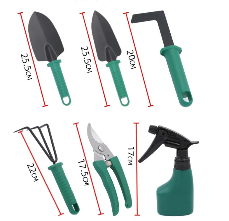 Ten-piece gardening tool set with iron heads and plastic handles, green colour option