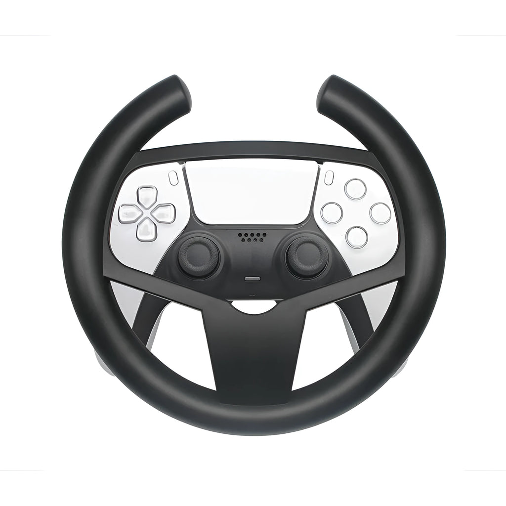 Black ABS PS5 steering wheel attachment clipped onto a SONY PS5 controller for racing games