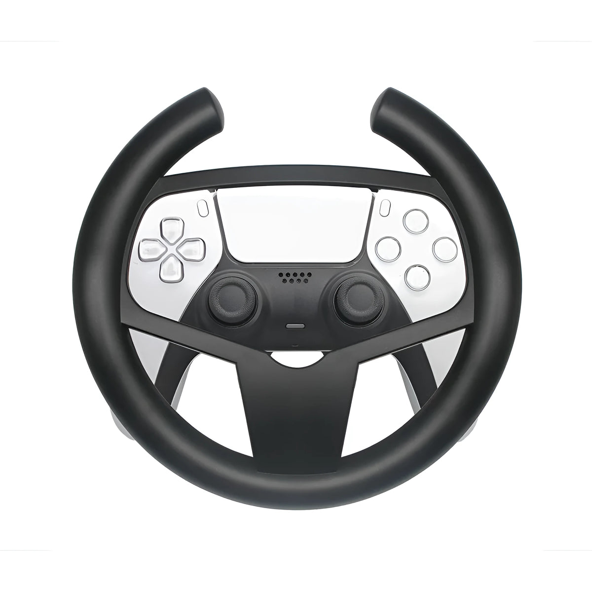 Black ABS PS5 steering wheel attachment clipped onto a SONY PS5 controller for racing games