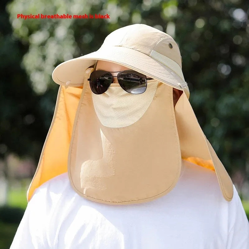 Men's khaki sun hat with built-in USB fan and fabric covering for neck and face.