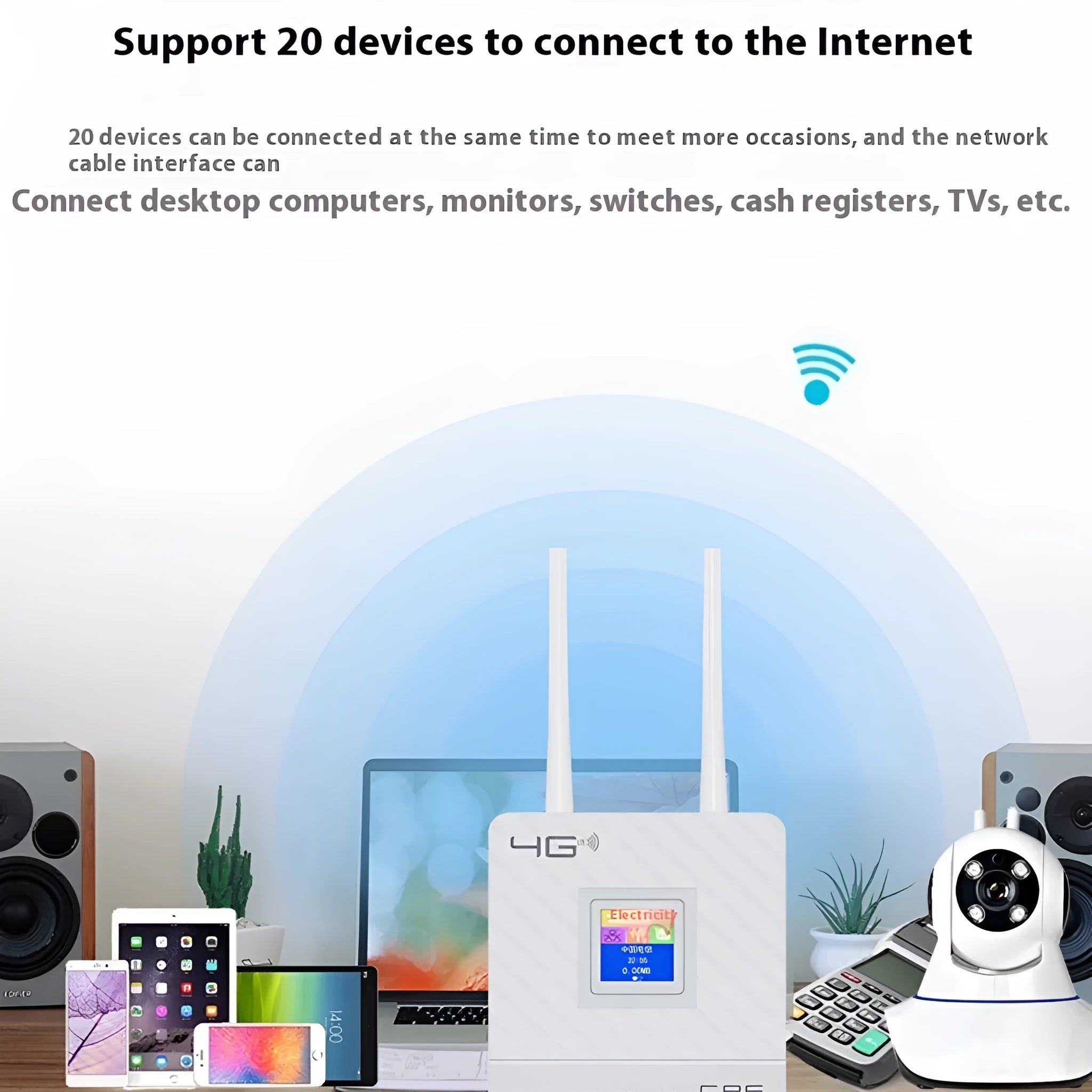 CPF903 LTE router unit with two attached external antennas, USB cable, and power adapter on a desk.