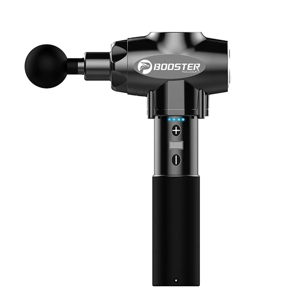 Black and white rechargeable muscle massager gun with adjustable speed settings.