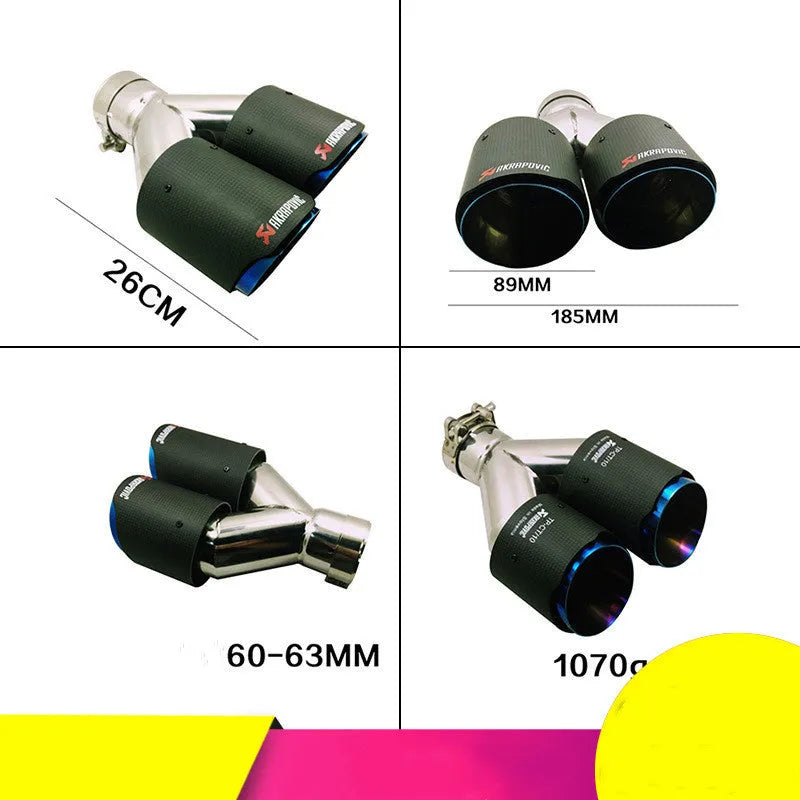 Universal carbon fiber double outlet blue mouth modified exhaust tail throat in black with 180mm diameter
