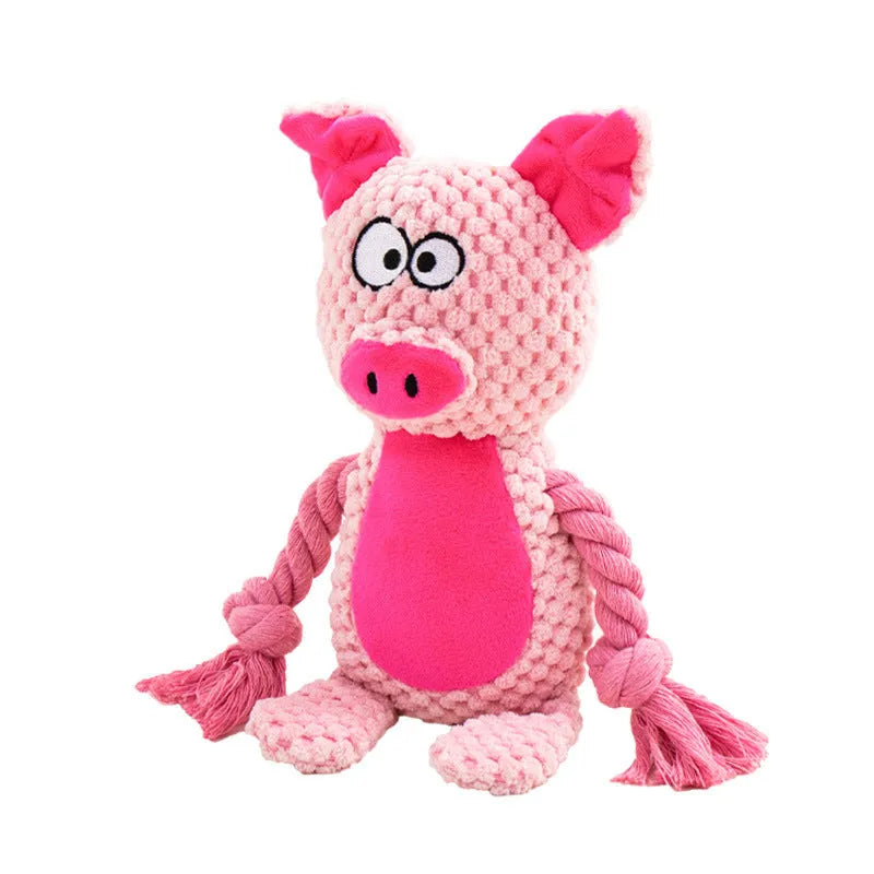 Hippo-shaped plush dog toy with cotton rope sections for tug-of-war games