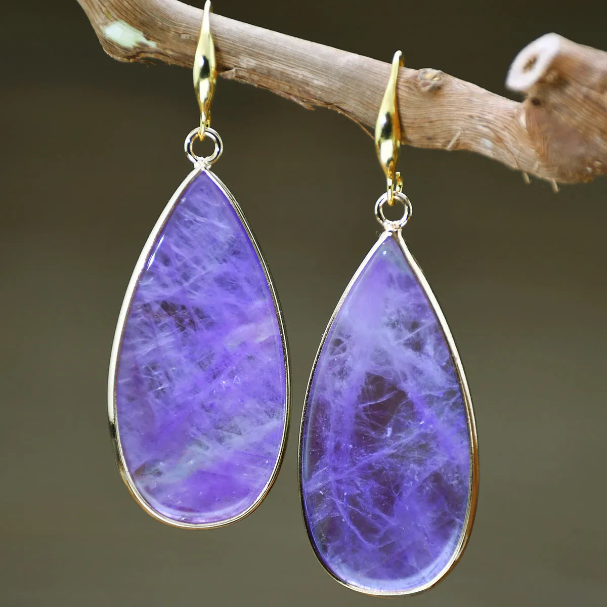 Vintage long water drop stone earrings in Tigereye, amethyst, pink crystal, Redstone, turquoise