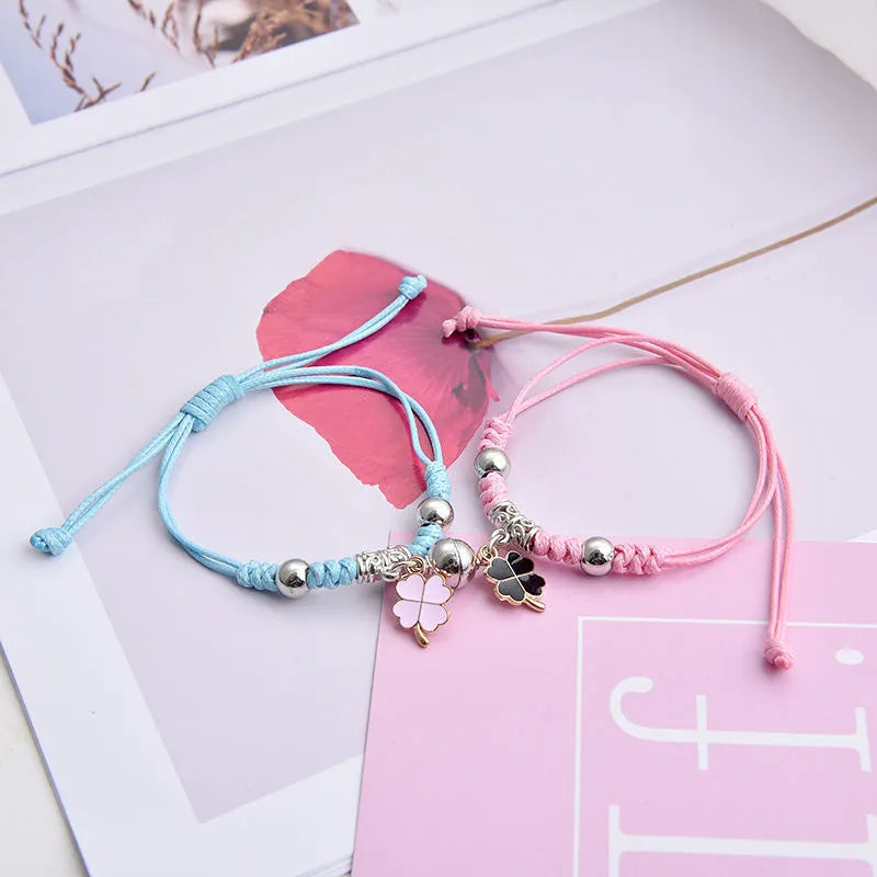 Magnet couple bracelets with electroplated finish showing magnetic clasp and symbolic design options