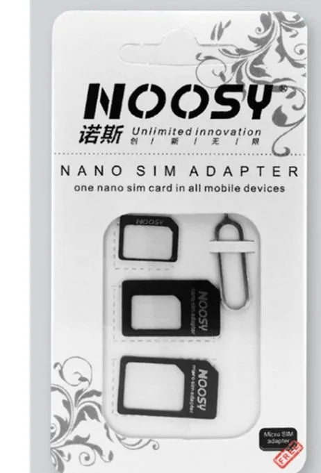 Three-piece SIM card cutter kit showing cutter tool, SIM tray removal tool, and SIM adapter