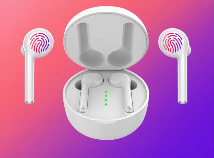 TW40 wireless Bluetooth headphones in black and white with charging case on white background
