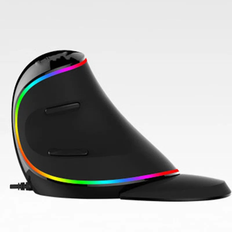 Vertical ergonomic snail-shaped RGB wired computer mouse on a desk, showing its contoured design and lighting.