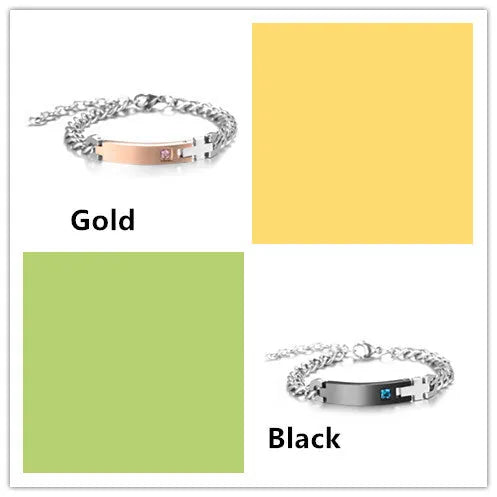 Gold and black couple bracelets in stainless steel with geometric design and adjustable chain lengths