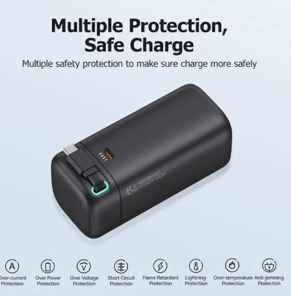 Multi functional PD45w fast magnetisation absorption nanowire mobile power supply in 18000mAh, compact size, PC shell, national trendy style.