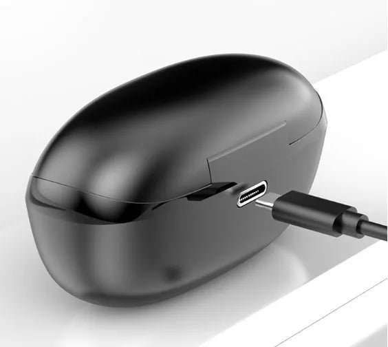 Black and white wireless Bluetooth in-ear headphones with a compact USB-C charging case.