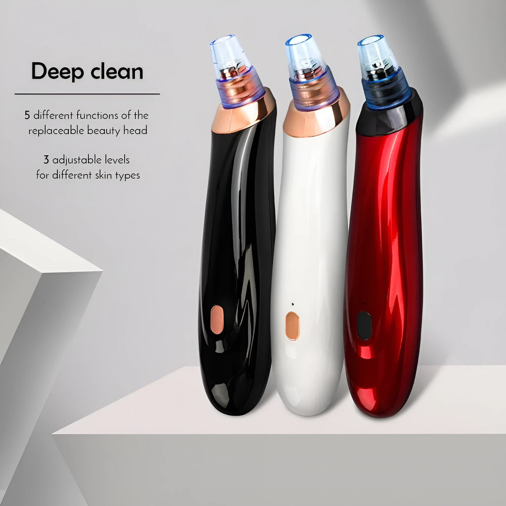 Black, gold, red, or white coloured electric blackhead removal tool with multiple nozzle tips