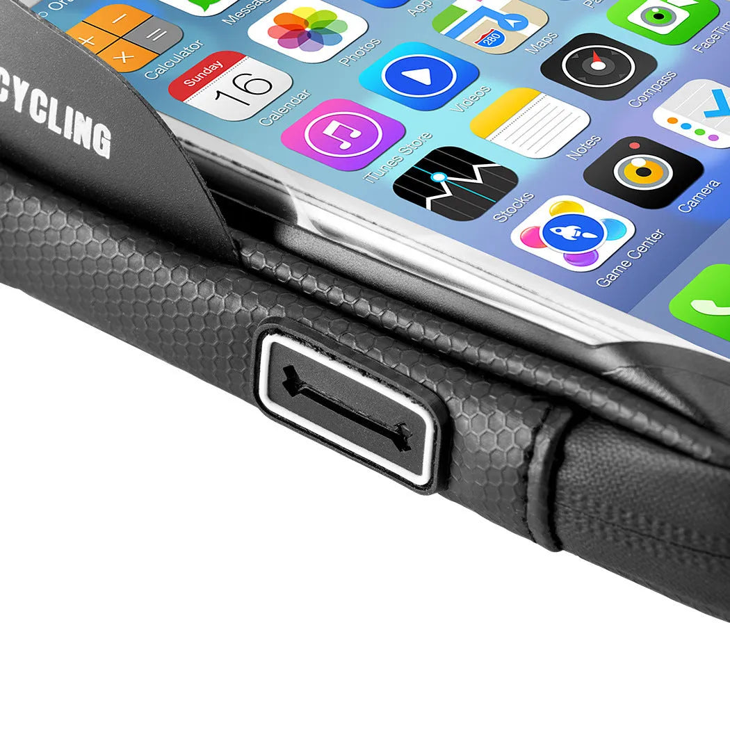 Black waterproof touch screen bicycle handlebar bag mounted on handlebars with phone visible through TPU window