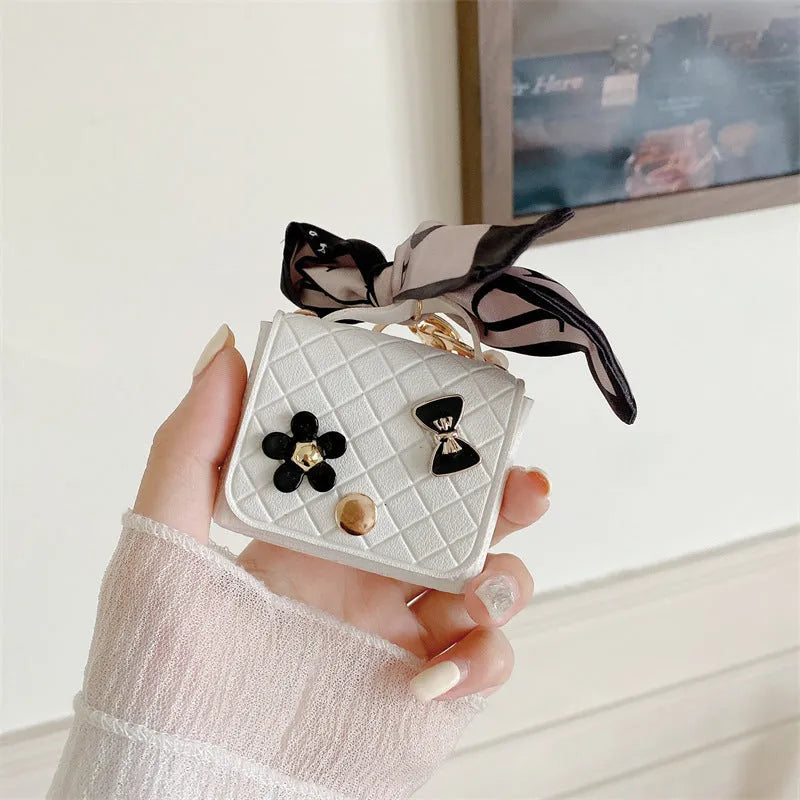Korean Style Silk Scarf Earphone Bag for AirPods, Pink Faux Leather DIY Soft Shell Case