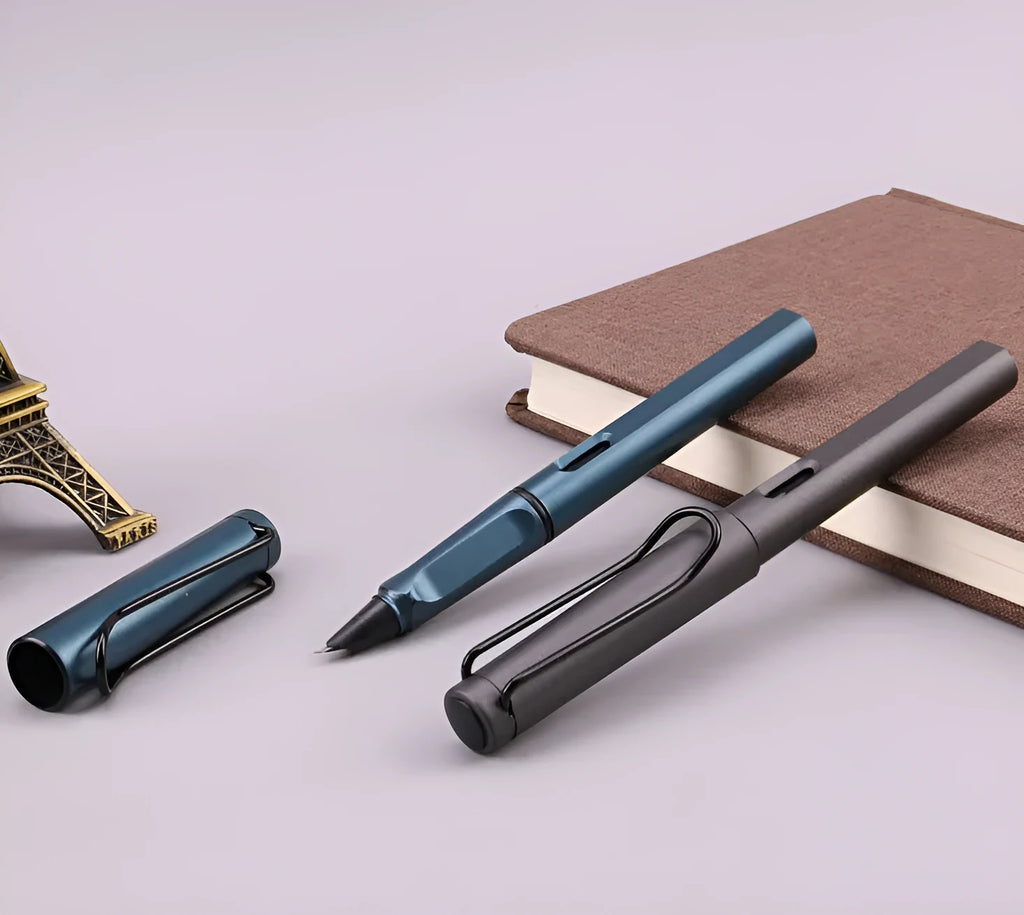 Black and blue fountain pens with frosted ink bag section and choice of 0.38mm or 0.5mm nib.