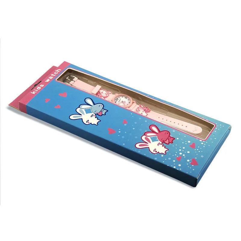 Rabbit quartz watch for kids with black PC case and plastic strap, 27x9mm case size