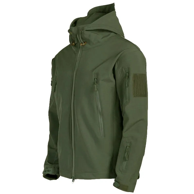 Men's windproof hooded soft shell jacket in polyester fibre, available in black, green, grey, and khaki sizes S to 4XL