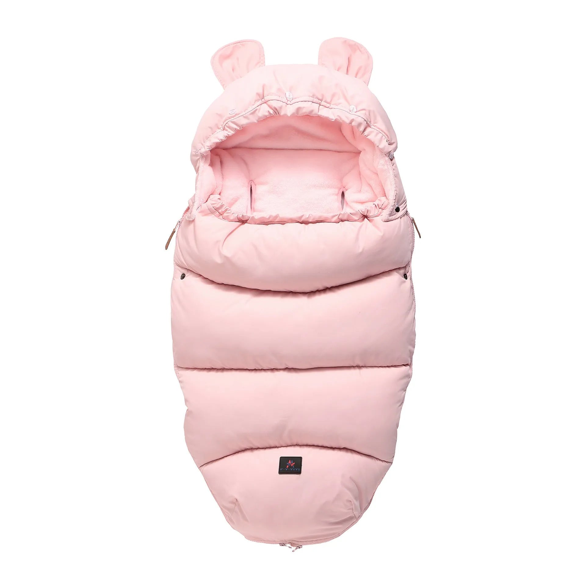 Convertible baby sleeping bag cocoon in a pram, showing cotton blend fabric and flannel lining.