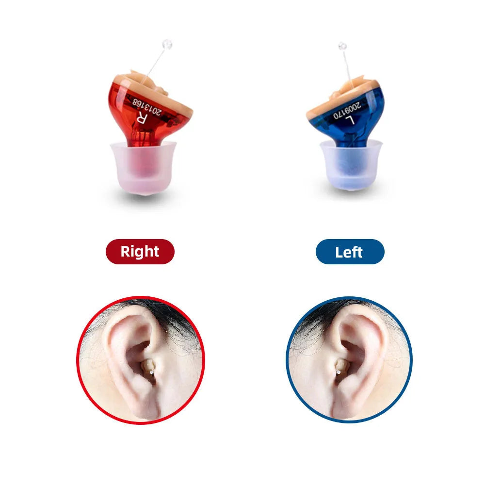 Q10 mini invisible CIC hearing aid in red or blue, showing size compared to a finger, with included earphones and batteries.