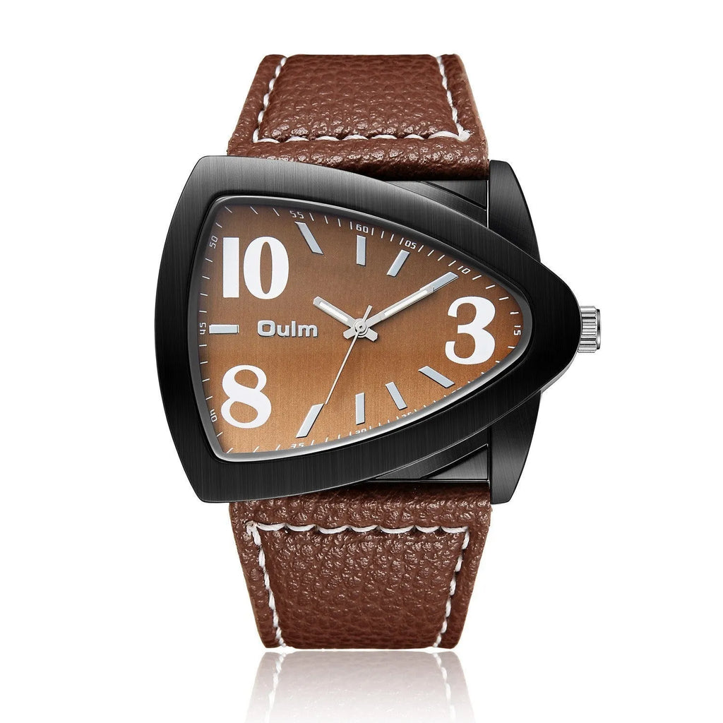 Men's triangular case quartz watch in black, shown on wrist, highlighting its geometric design and slim profile.