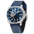 Fully automatic mechanical sports watch with black nylon leather strap, 43mm dial, night light, and calendar display