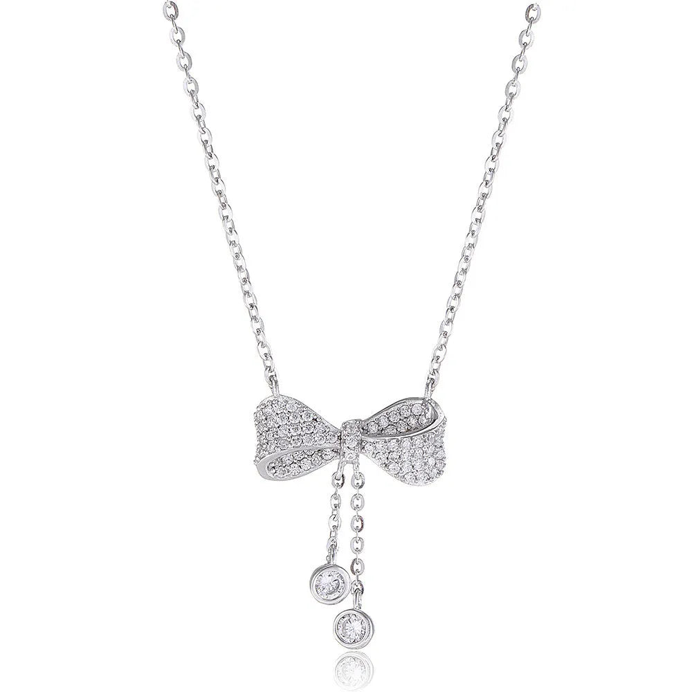 S925 sterling silver bow pendant necklace on O-ring chain with 40-45cm circumference
